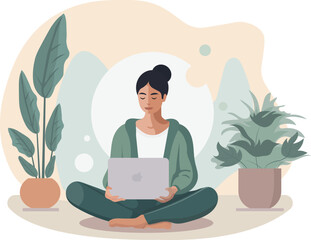 A young girl in a green suit sits with a laptop in her hands. Remotely working outdoors. Flat vector illustration