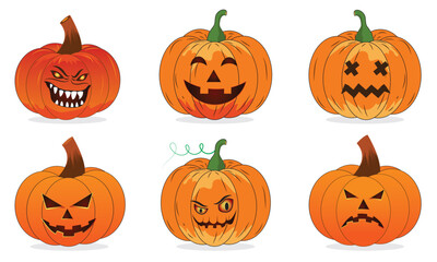 Set pumpkin on white background. Vector illustration. Orange pumpkin with smile for your design for the holiday Halloween. Halloween pumpkin vector.