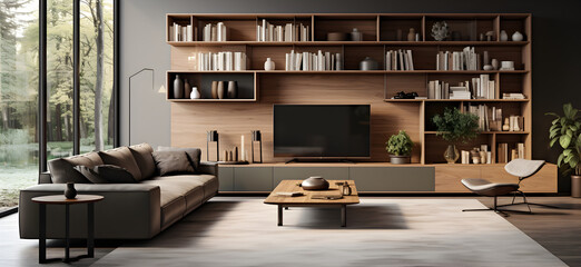 TV is mounted on the wall in the corner of a gray and wooden living room lounge with white corner sof interior