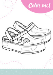 Coloring page for kids with girls summer shoes.
A printable worksheet, vector illustration.