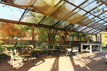 View of the details of the interior of a country house. Autumn Courtyard Garden 