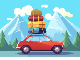 2D flat image of traveling by car with several bags tied on the roof. Will go through a long journey. Nature background.