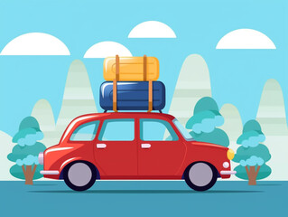 2D flat image of traveling by car with several bags tied on the roof. Will go through a long journey. Nature background.