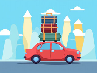 2D flat image of traveling by car with several bags tied on the roof. Will go through a long journey. Nature background.