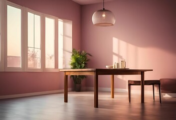 AI generated illustration of a modern dining room with a vibrant pink wall