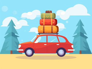 2D flat image of traveling by car with several bags tied on the roof. Will go through a long journey. Nature background.