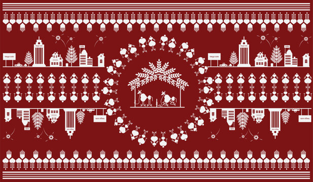 Beautiful warli painting with indian rural life. Rural area with beautiful nature in warli wall painting. Illustration, Vector, Drawing, dang awha, 