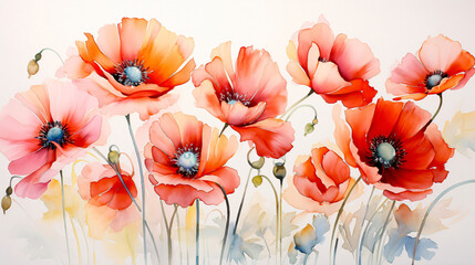 poppies on white background, watercolor painting, floral background. Elegant foliage design for wedding, card, invitation, greeting