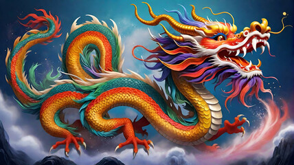 Fototapeta premium Colorful Chinese dragon in fantasy shape. Generative AI