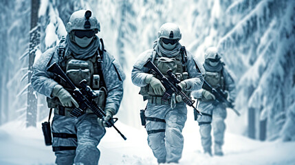 Armed special forces on their winter mission walks in snowy forest. Postproducted generative AI illustration. - obrazy, fototapety, plakaty