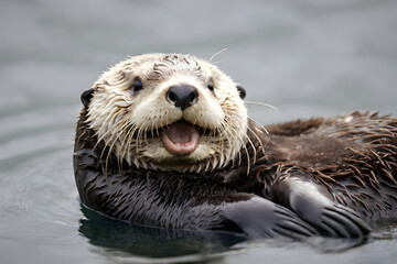 otter swimming and smiling happy