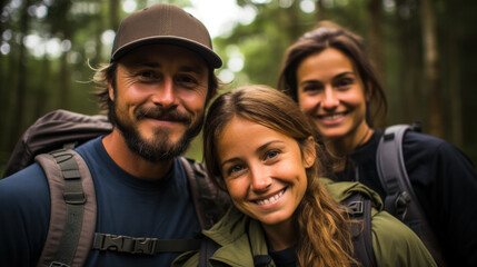 family in a forest hike created with Generative AI technology