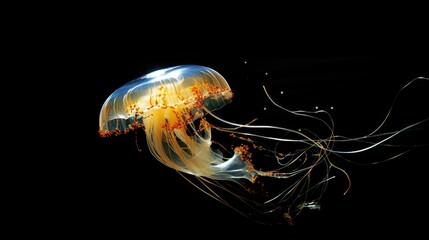 Close-up photo of jellyfish on black background.