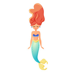 Beautiful mermaid with long red hair and fish tail. Colored vector illustration isolated on white background