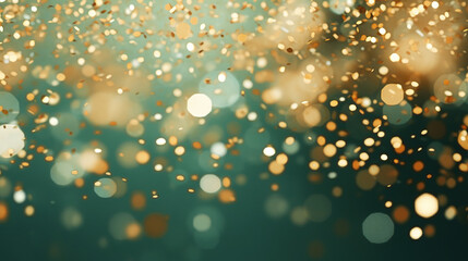 Fototapeta na wymiar Golden glittering confetti against green colored background