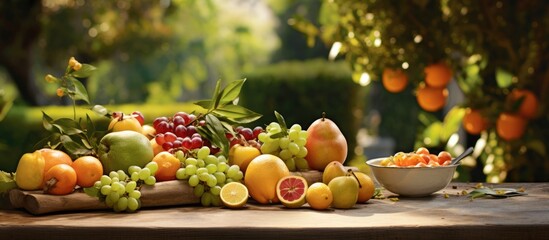 In the background of a lush green garden a wooden table is set with an assortment of fresh fruits including crisp apples and juicy oranges invitingly displaying the vibrant colors of summer 