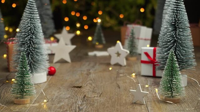 Christamas background, ornaments on old wooden floor