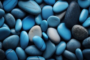 Blue pebbles texture as background, top view. Closeup