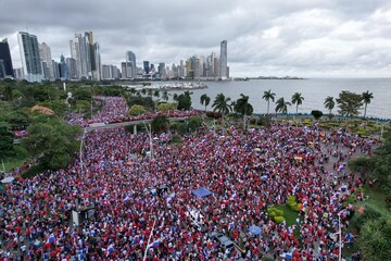 Aerial views from over the protesters on Avenida Balboa protesting against the First Quantum Copper mining contract, downtown Panama City, Panama