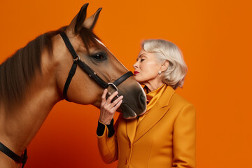 Fototapeta na wymiar Captivating Older Woman Shares a Moment with a Horse Against an Orange Backdrop of Tranquility, AI generated