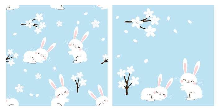 Seamless pattern of bunny rabbit cartoons and cherry blossom Sakura flower on blue background. White Sakura branch and rabbit cartoon vector.