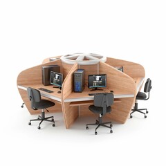 three computers sit in a computer desk next to a chair