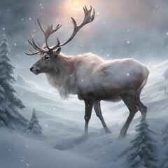 an elk walking through the snow with a full moon above