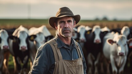 Happy smile farmer with cow cattle farm countryside meadow wallpaper background