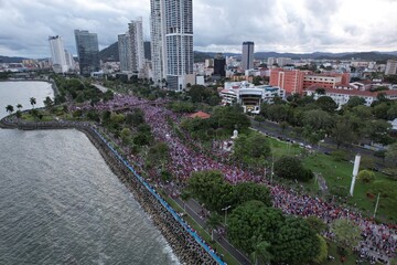Aerial views from over the protesters on Avenida Balboa protesting against the First Quantum Copper...