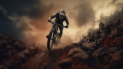 Mountain forest biker ride on sport bicycle wallpaper background
