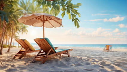 Fototapeta premium A Picturesque Paradise with Sandy Beach and Tranquil Seaside Chairs