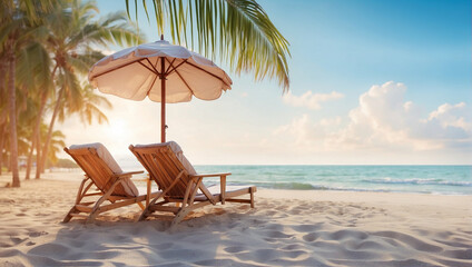 Obraz premium A Picturesque Paradise with Sandy Beach and Tranquil Seaside Chairs