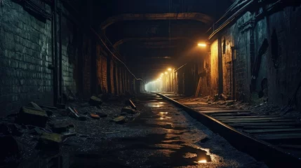 Foto op Plexiglas Urban abandoned dark tunnel dirty mine subway railway station wallpaper background © Irina