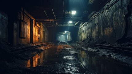 Urban abandoned dark tunnel dirty mine subway railway station wallpaper background - Powered by Adobe