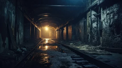 Poster Urban abandoned dark tunnel dirty mine subway railway station wallpaper background © Irina