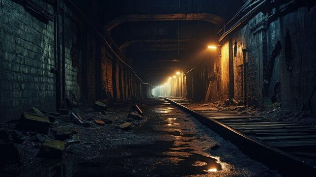 Fototapeta Urban abandoned dark tunnel dirty mine subway railway station wallpaper background