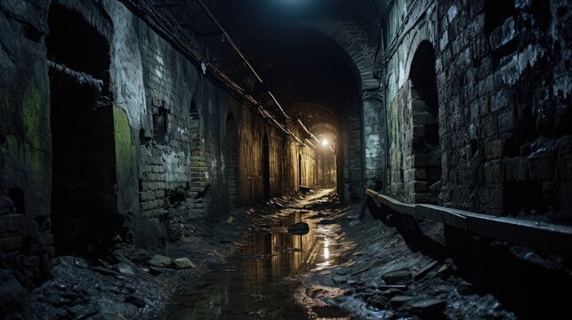 Urban abandoned dark tunnel dirty mine subway railway station wallpaper background