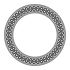 Flower of Life pattern, circle frame. Decorative border, created with hexagonal arranged lens shapes, that can be found in the Flower of Life pattern, an ancient symbol and Sacred Geometry. Vector.