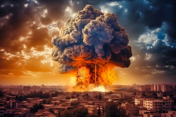 Violent explosion against the backdrop of a large city. Sunset. Apocalypse. War. Nuclear threat. Third World War. Attack on a peaceful city. - obrazy, fototapety, plakaty