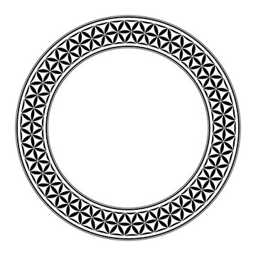 Flower of Life pattern, circle frame. Decorative border, created with hexagonal arranged lens shapes, that can be found in the Flower of Life pattern, an ancient symbol and Sacred Geometry. Vector.