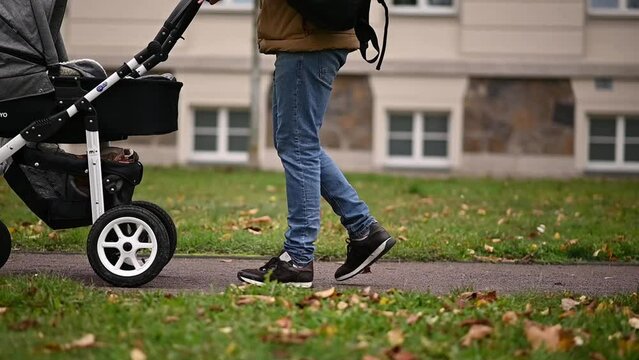 Father with little son walking in baby stroller in autumnal park