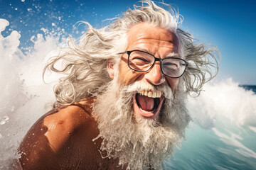 An elderly man with a beard swims in the sea waves. Close-up portrait. Happy emotions. Active lifestyle. Relaxation on the beach.
