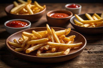 The photo of delicious French fries on a wooden plate
