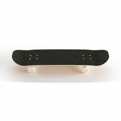 the skateboard is on top of a wooden table with white wheels