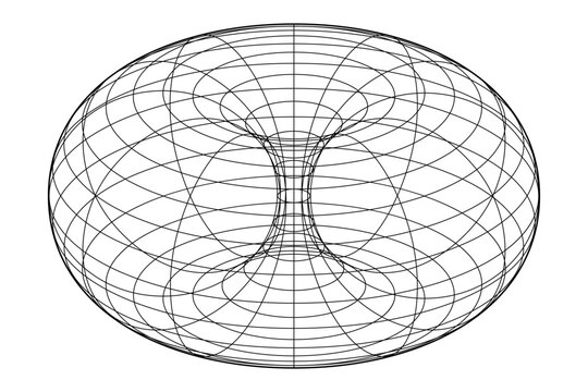 Wire-frame of a ring torus, also donut or doughnut. In geometry, a surface of revolution generated by revolving a circle in 3D space one full revolution about an axis that is coplanar with the circle.