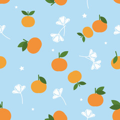 Seamless pattern with orange fruit and flower on blue background vector illustration. Cute fruit print.