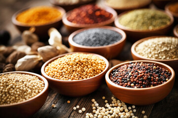 Various groats legumes, grains. Many types of cereals collected together. Agriculture and healthy eating concept. Close-up. Selective focus.