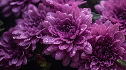 Purple chrysanthemum flowers with water droplets.