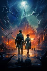 Szene mit Mann und Frau im Stil der historischen Filmposter Plakate - Cinema Poster Spionage Liebespaar © paganin