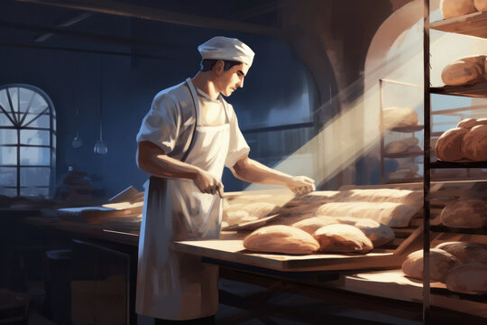 Photo of a baker carefully crafting fresh bread in a traditional bakery